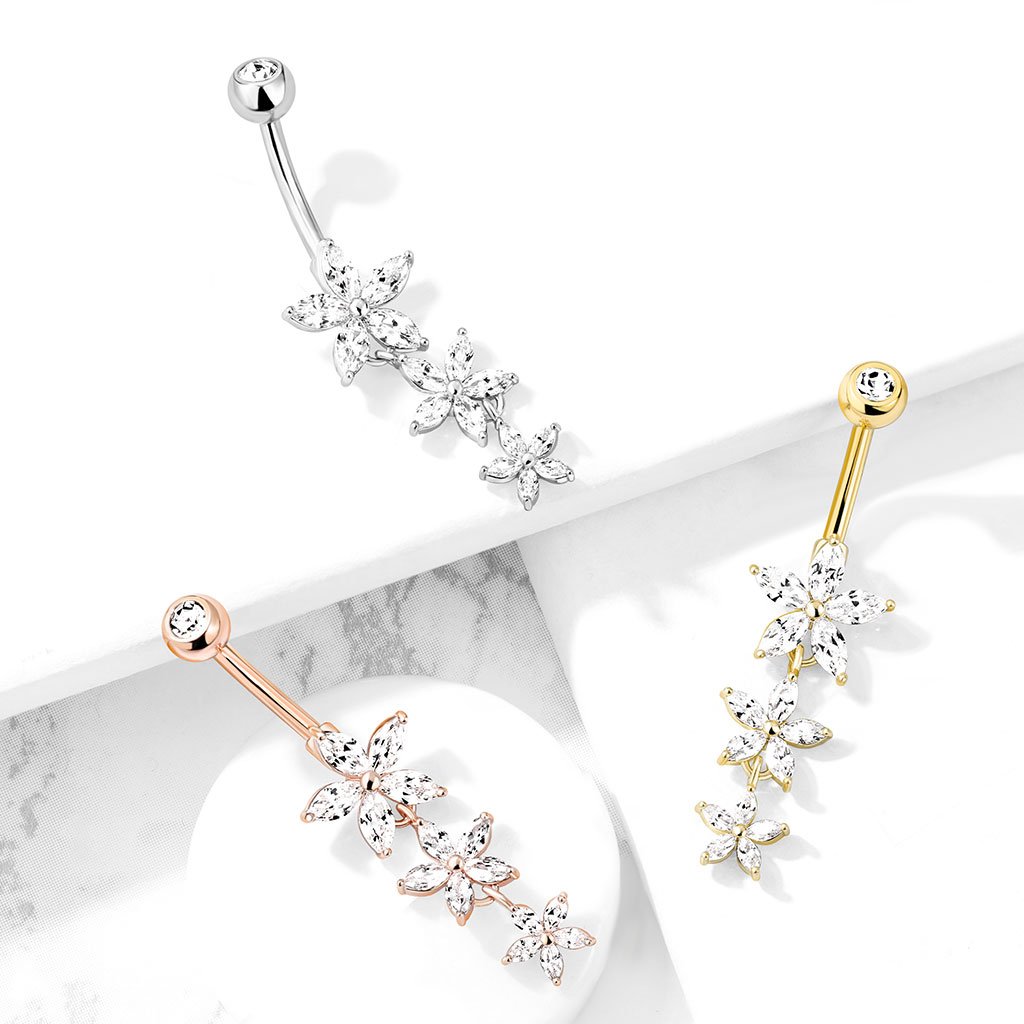 Cherry Diva belly bar 14 Gauge Triple Dangling Flower Belly Button Ring