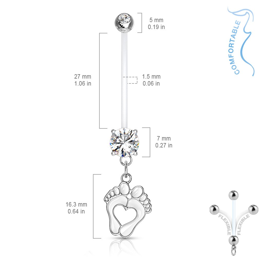 Cherry Diva belly bar WHITE 14 Gauge Tiny Foot Prints - Maternity Pregnancy Belly Bar