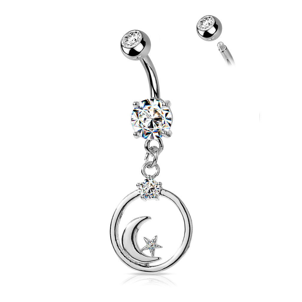 14 Gauge Crescent Moon & Star Belly Button Ring