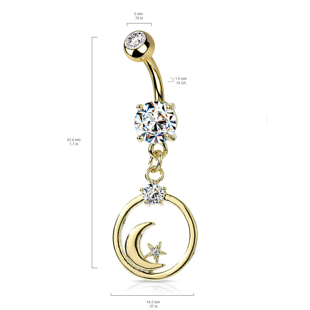 14 Gauge Crescent Moon & Star Belly Button Ring
