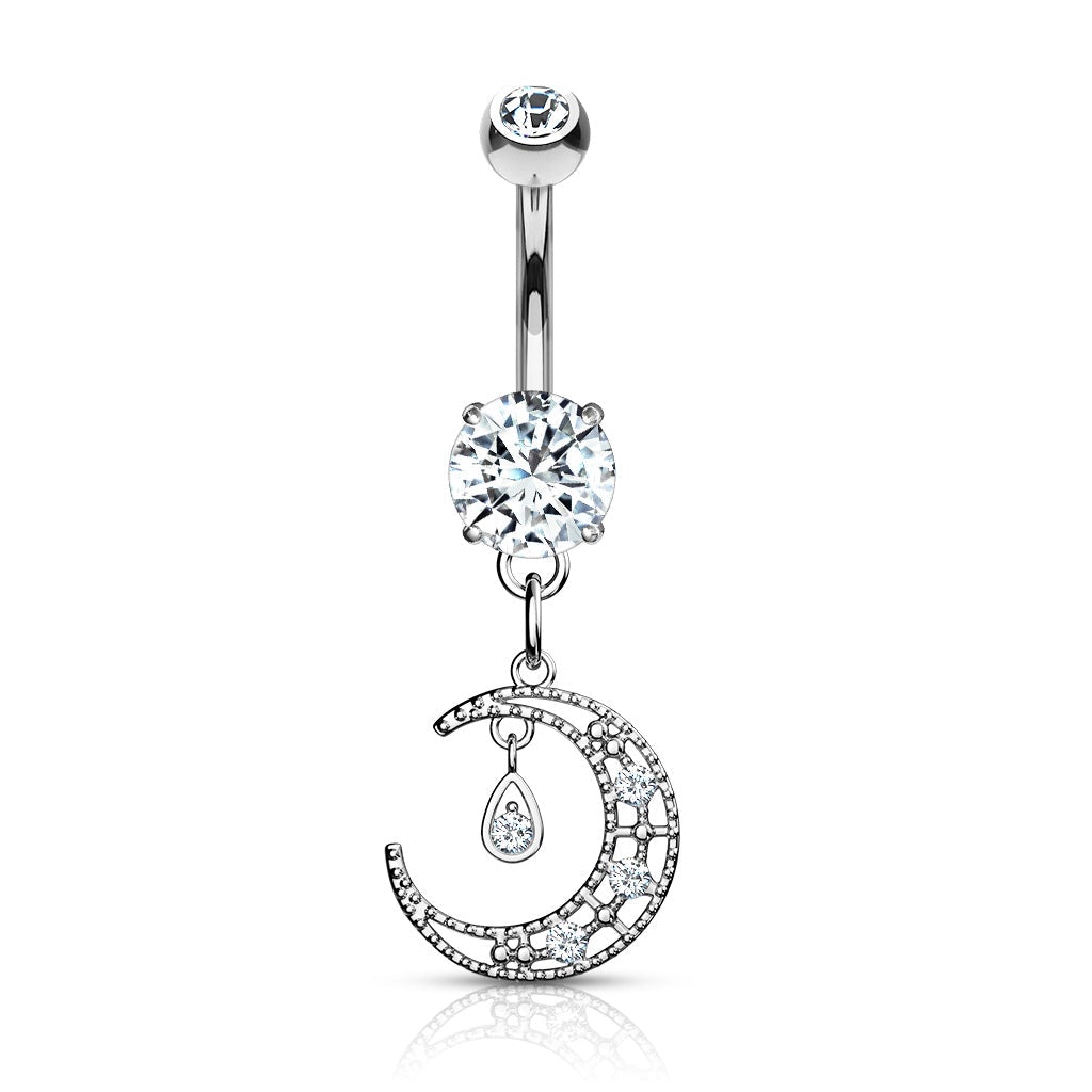 Dangling Silver Moon Belly Button Ring