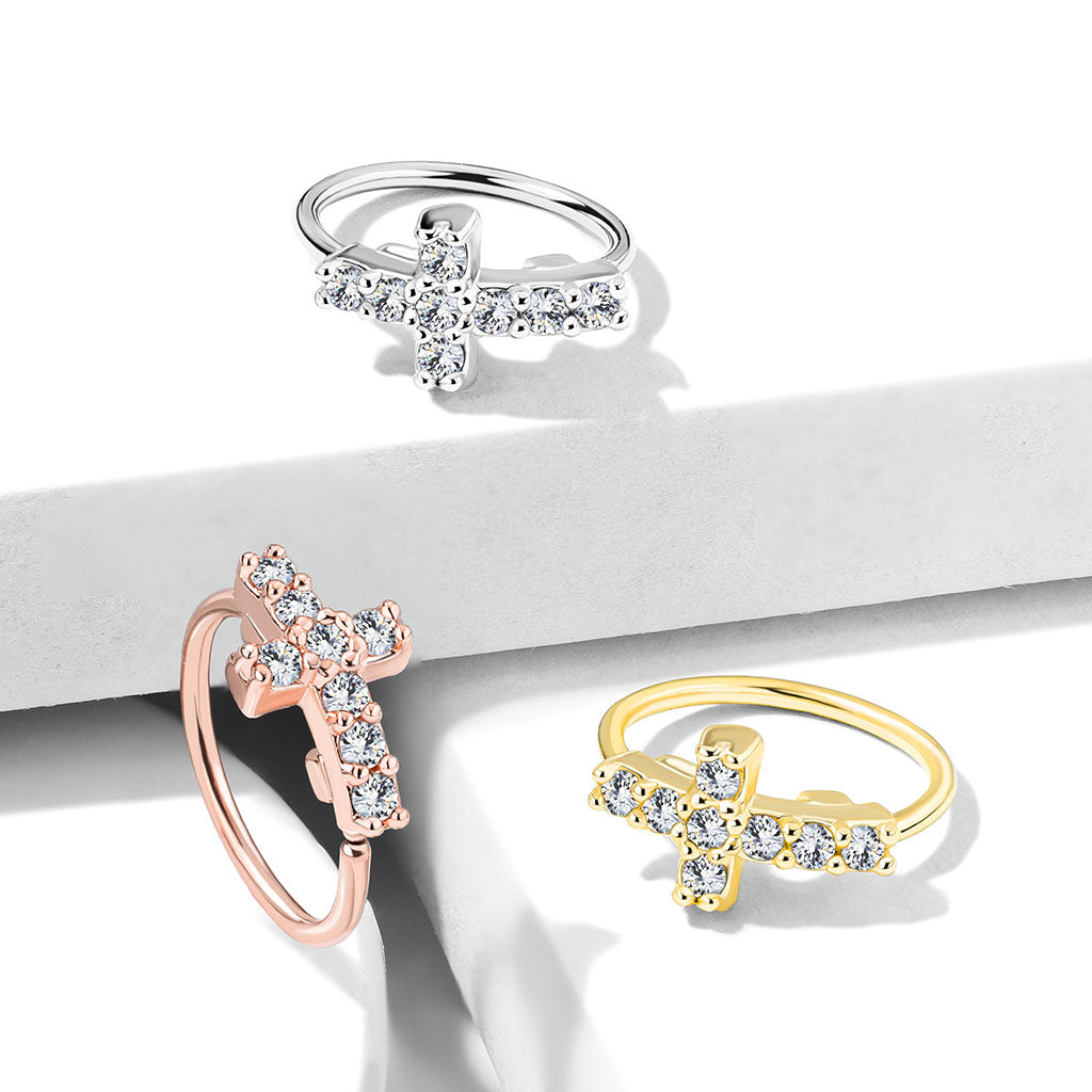 20 Gauge Crystal Paved Cross Hoop Ring For Nose & Ear