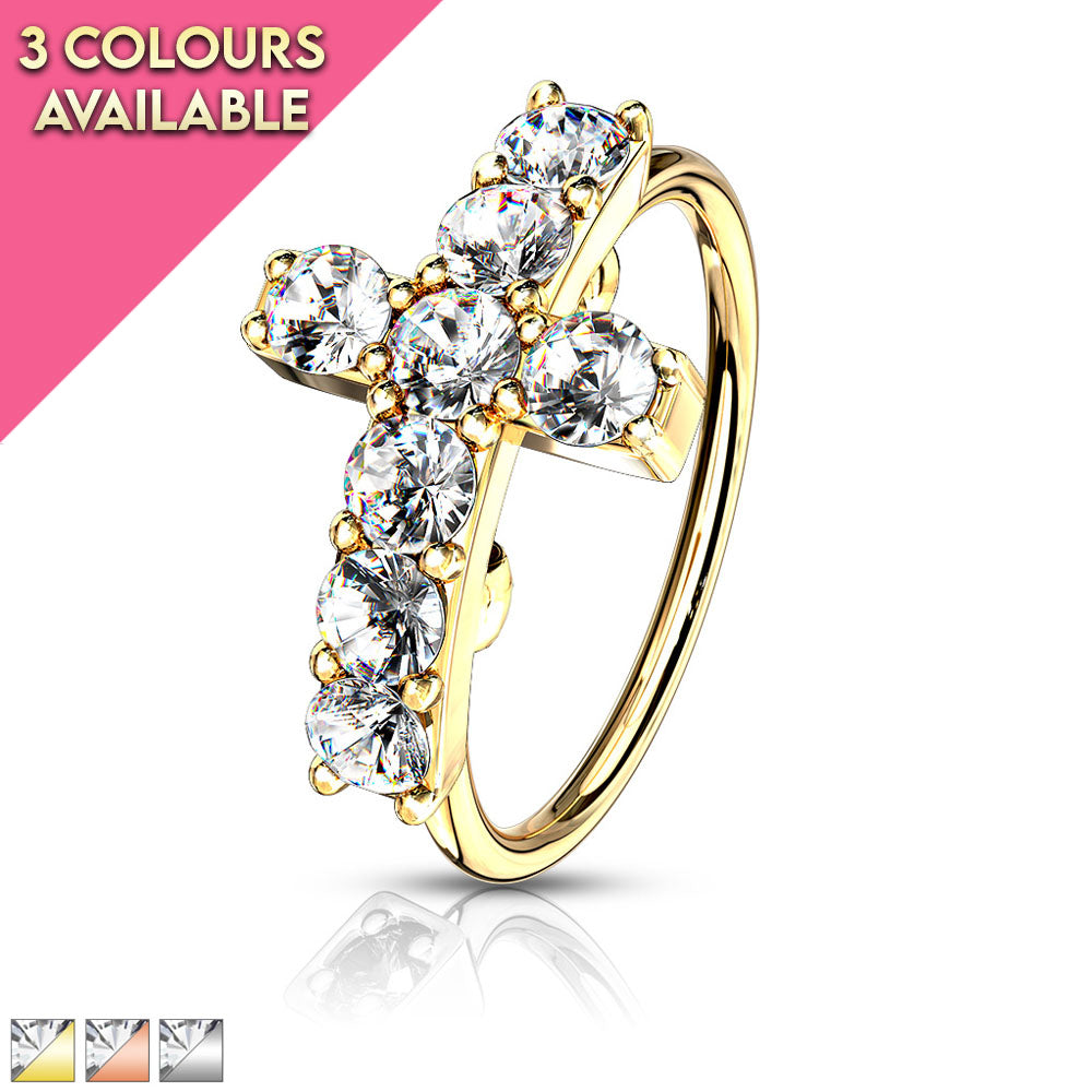 20 Gauge Crystal Paved Cross Hoop Ring For Nose & Ear