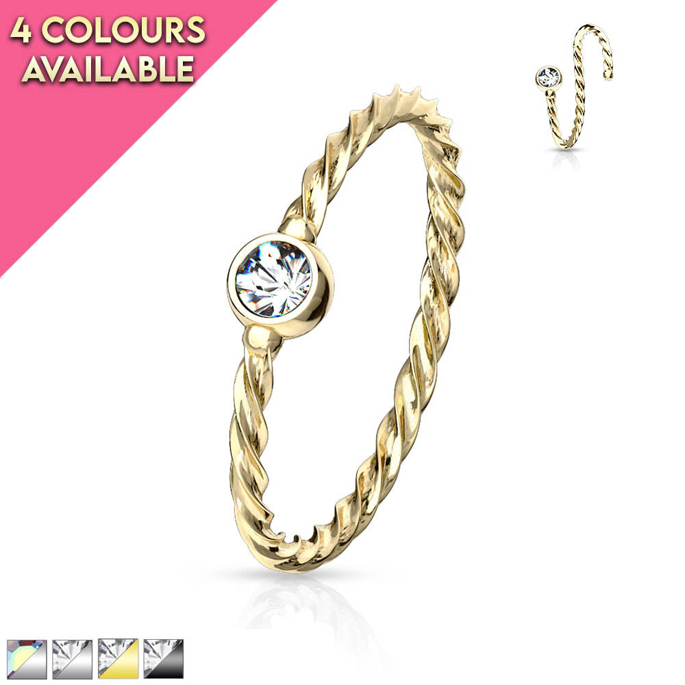 20 Gauge Crystal Set Twisted Rope Bendable Hoop Ring
