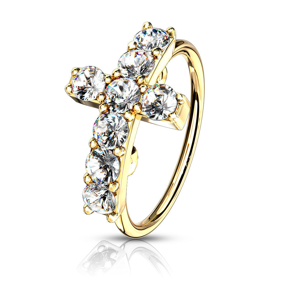 Cherry Diva Bendable Hoop Ring GOLD 20 Gauge Crystal Paved Cross Hoop Ring For Nose & Ear