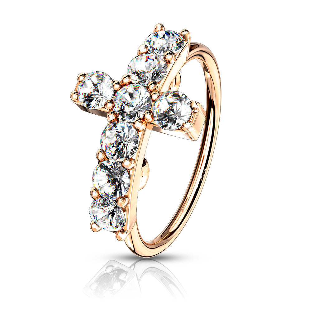 Cherry Diva Bendable Hoop Ring ROSE GOLD 20 Gauge Crystal Paved Cross Hoop Ring For Nose & Ear