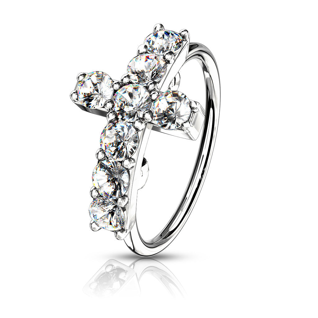 Cherry Diva Bendable Hoop Ring SILVER 20 Gauge Crystal Paved Cross Hoop Ring For Nose & Ear