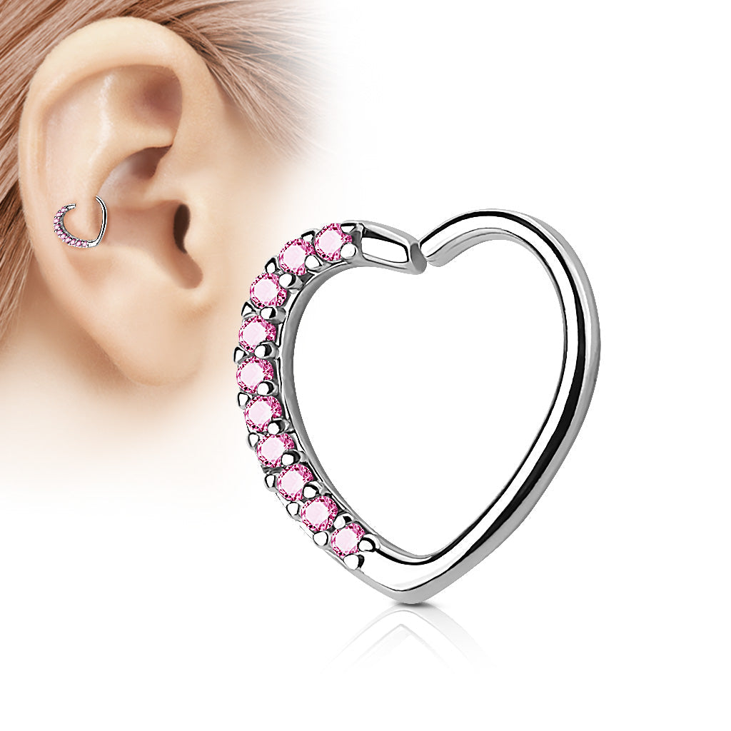 16 Gauge Heart With Pink Crystal Trim Cartilage / Daith Hoop