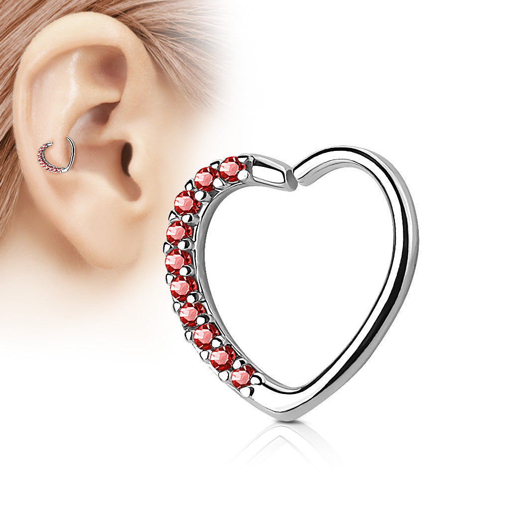 16 Gauge Heart With Red  Crystal Trim Cartilage / Daith Hoop