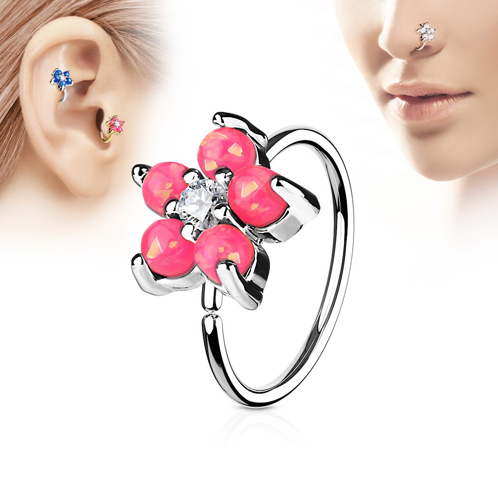 Cherry Diva Bendable Hoop Ring Pink 20 Gauge Opal Glitter Flower Hoop Ring For Nose & Ear