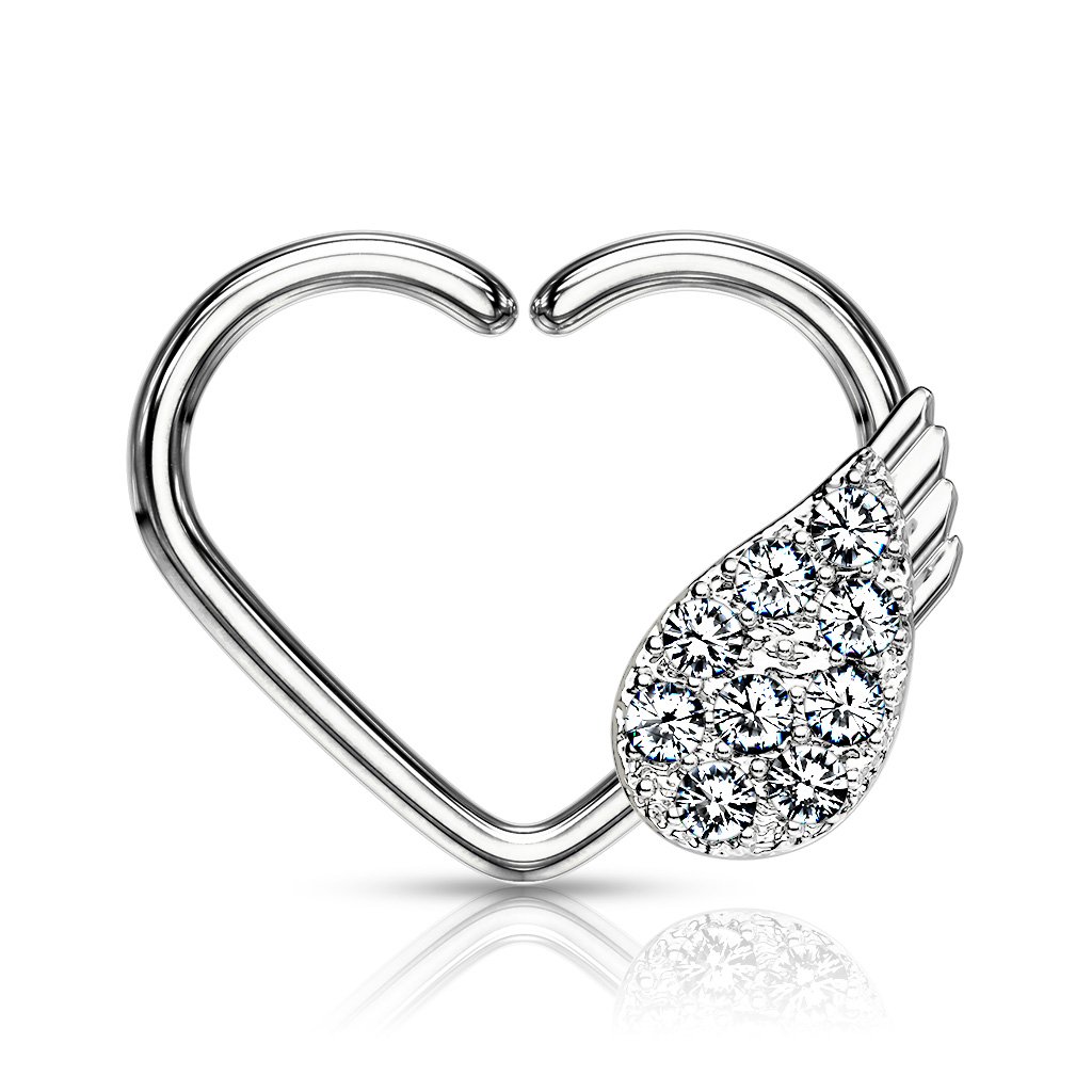 Cherry Diva Daith Hoop SILVER / LEFT EAR 16 Gauge Heart With Crystal Wing Ear Cartilage / Daith Hoop