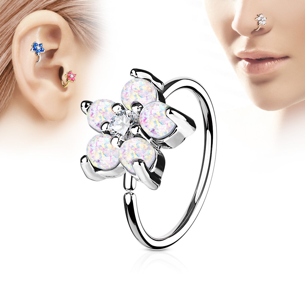 Cherry Diva Bendable Hoop Ring White 20 Gauge Opal Glitter Flower Hoop Ring For Nose & Ear