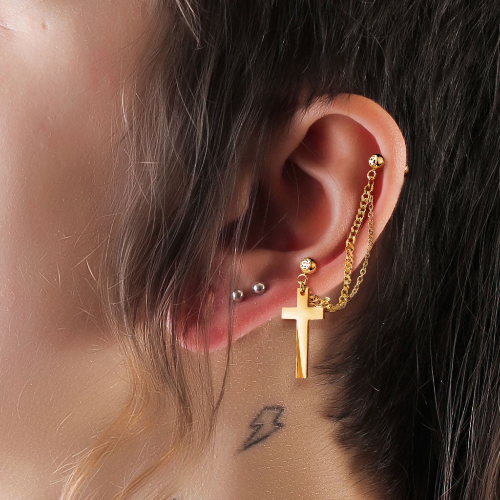 Chain Linked Stud & Cross Earring