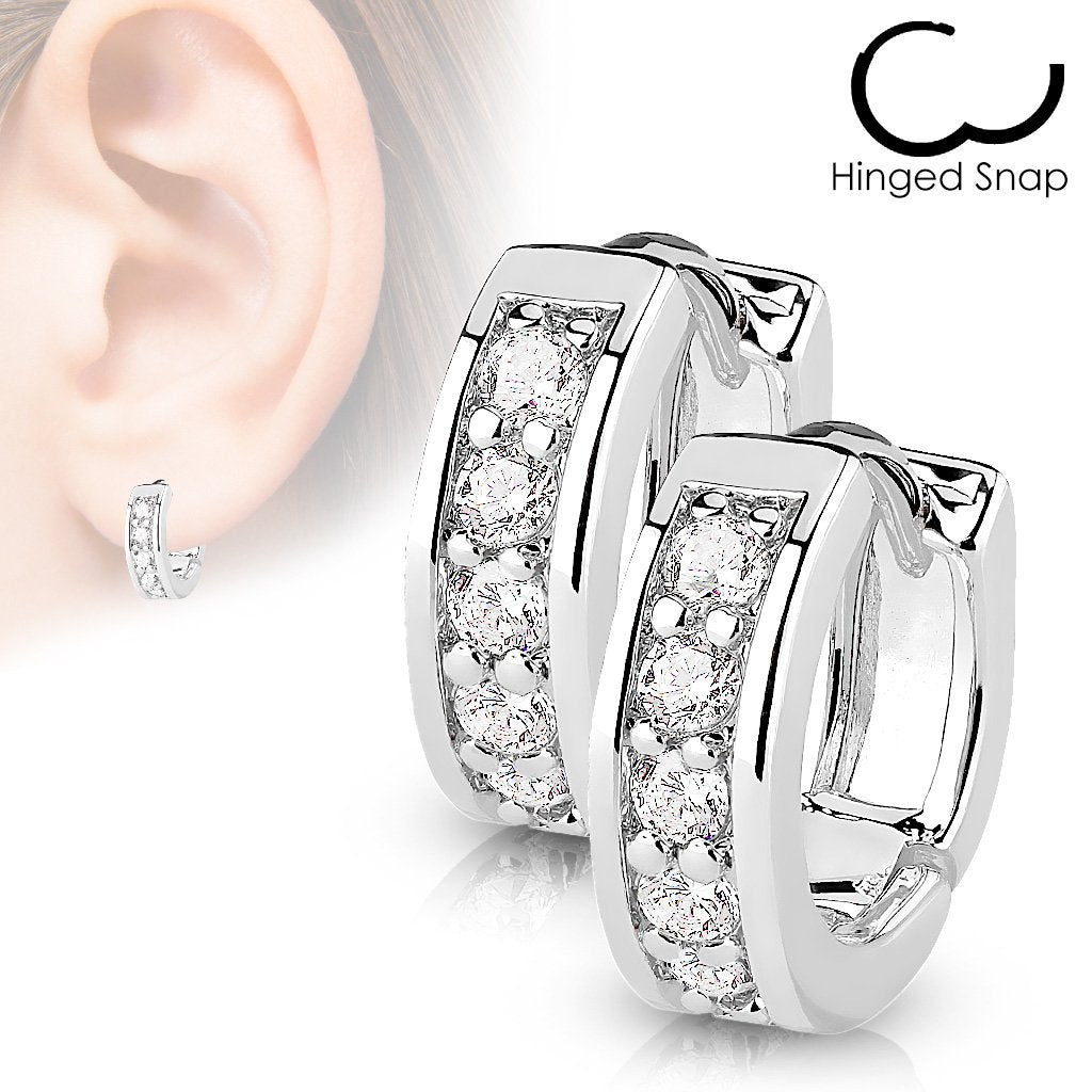 Channel Set Crystal Huggie Hoop Earrings Silver
