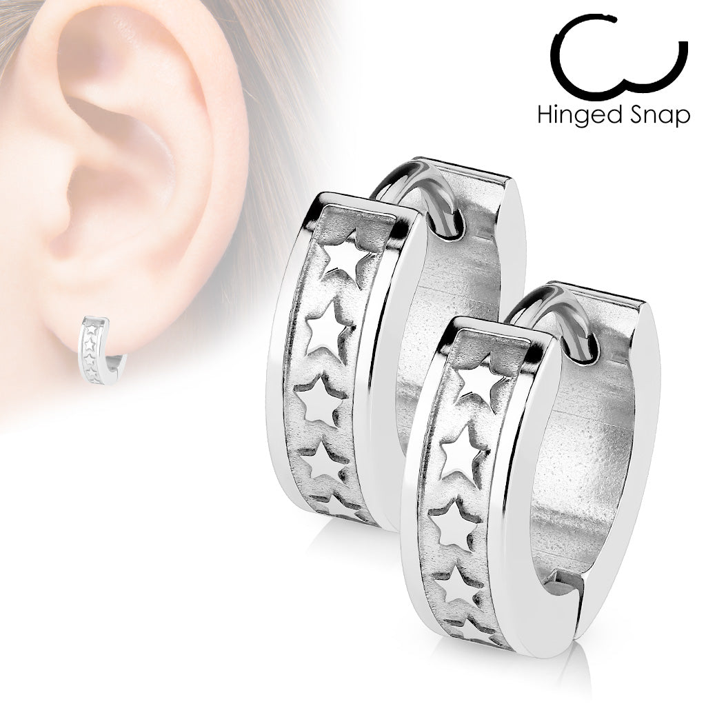 Channel Set Star Print Huggie Hoop Earrings Silver