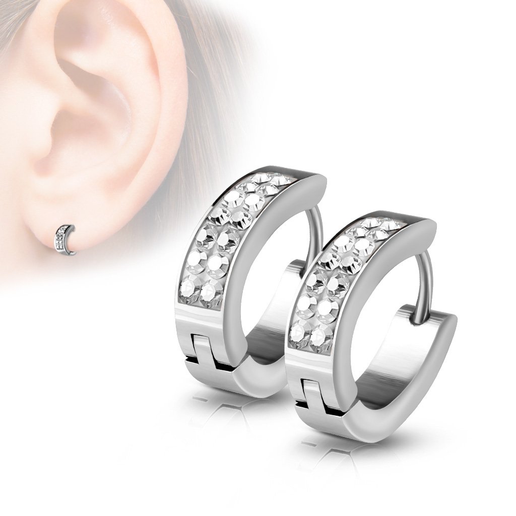 Chunky Silver Crystal Oval Huggie Hoop Earrings