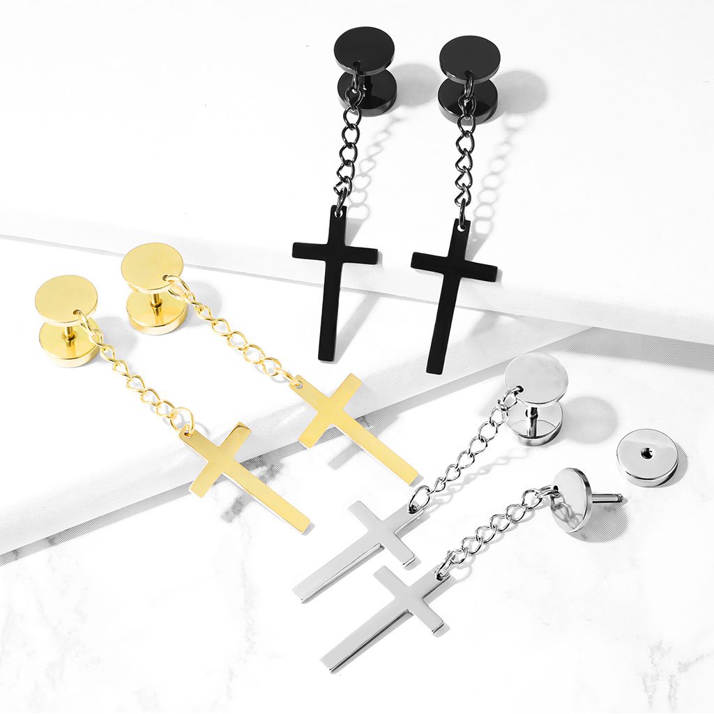 Cherry Diva Earrings Dangling Cross Faux Plug Earring