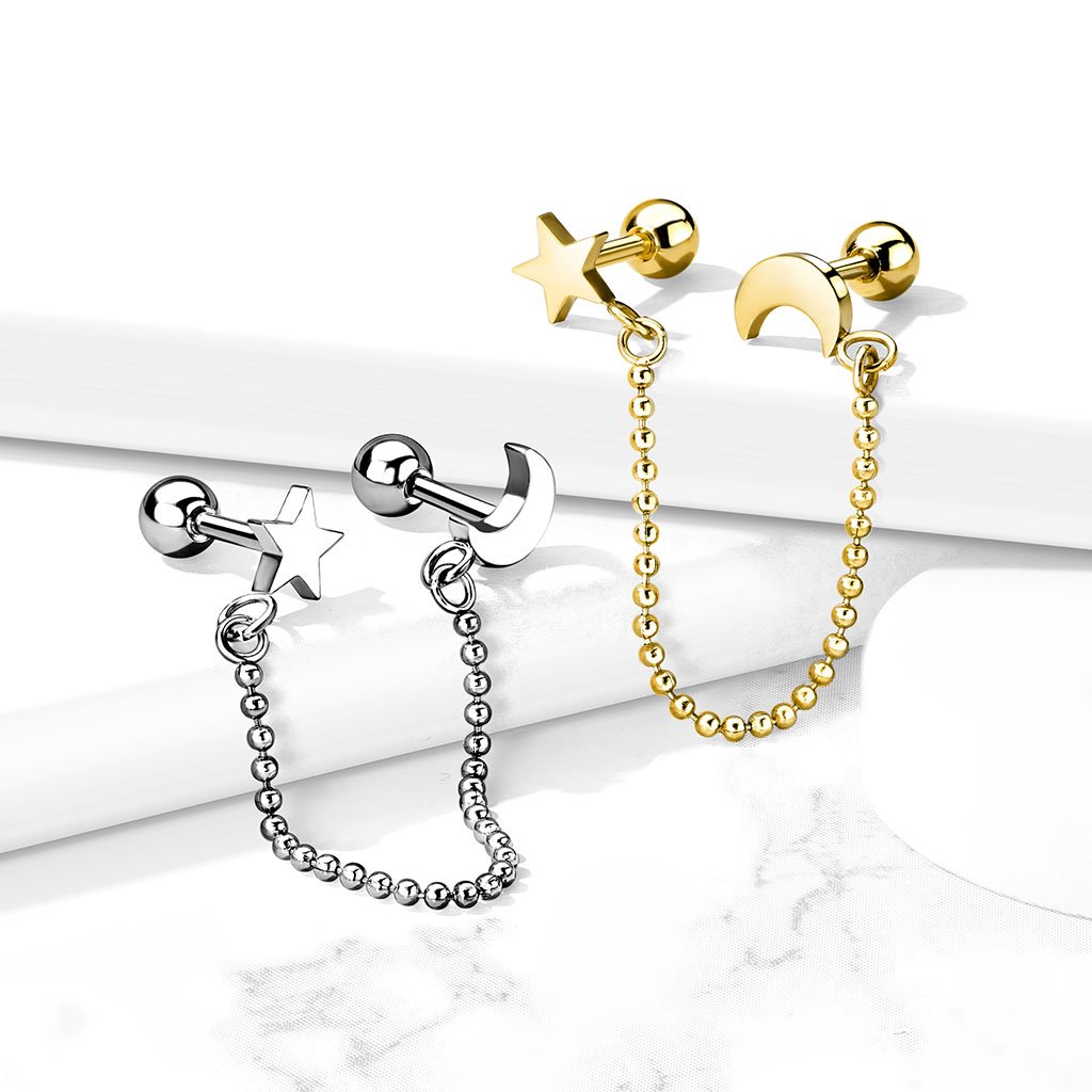 Moon & Stars Chain Linked Stud EarringsMoon & Stars Chain Linked Stud Earring