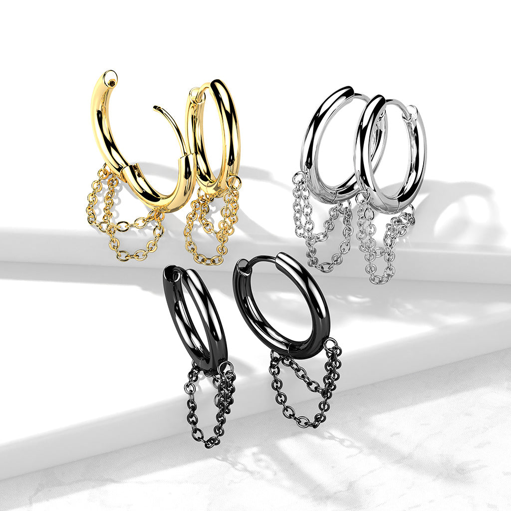 Stainless Steel Hinged Hoop Earring With Dangling Chain