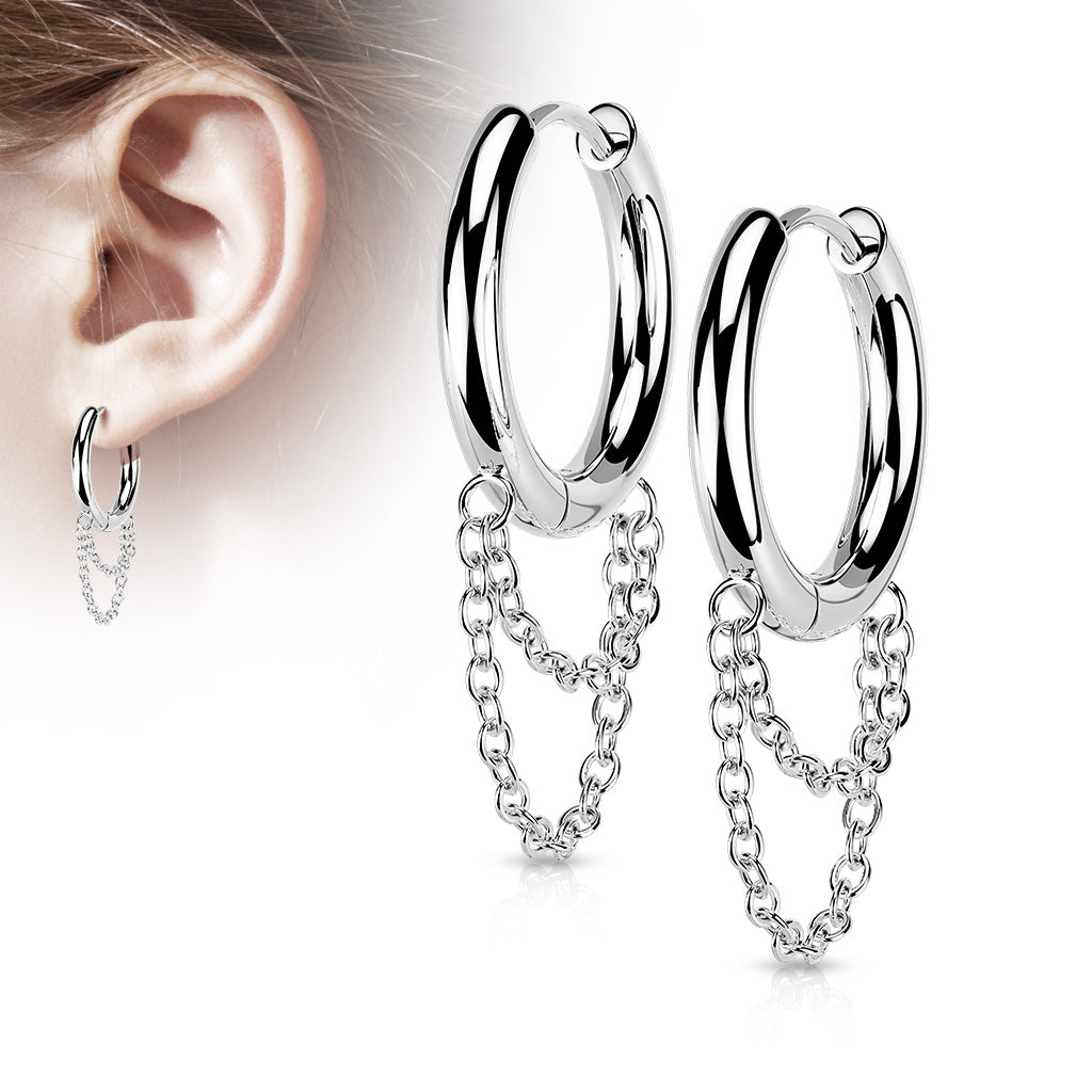 Stainless Steel Hinged Hoop Earring With Dangling Chain