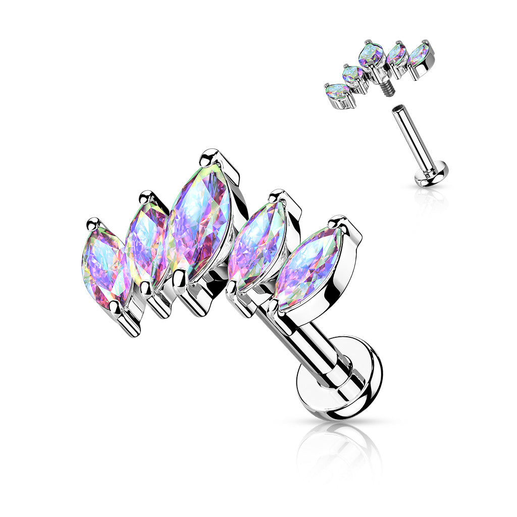 16 Gauge Flat Back Internally Threaded Aurora Marquise Stud
