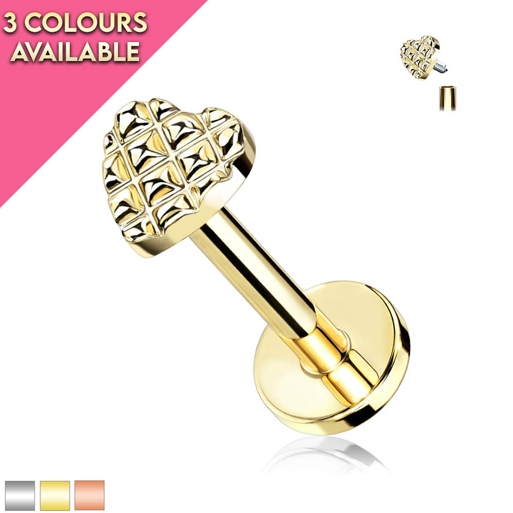 16 Gauge Flat Back Internally Threaded Diamond Cut Heart Stud