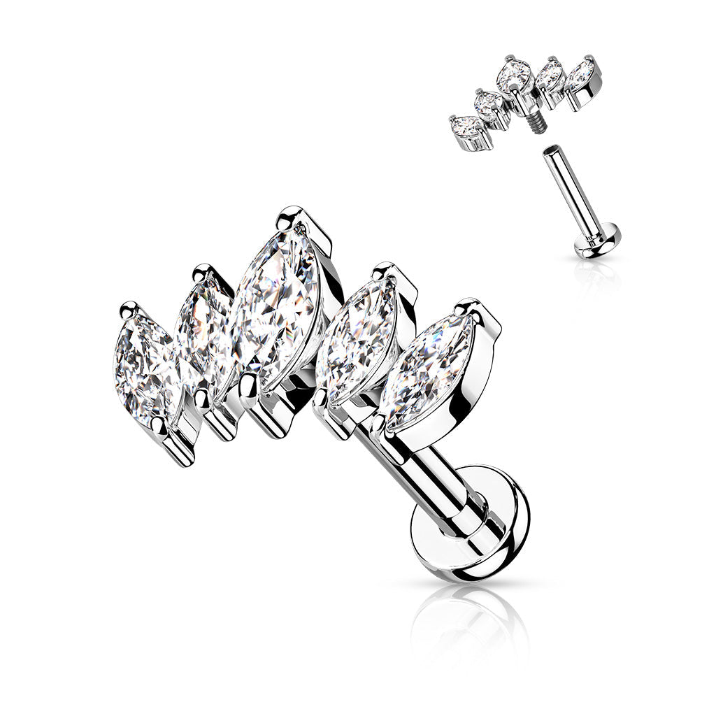 16 Gauge Flat Back Internally Threaded Silver Marquise Stud