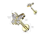 Cherry Diva Flat Back Stud 16 Gauge Internally Threaded Crystal Butterfly Stud