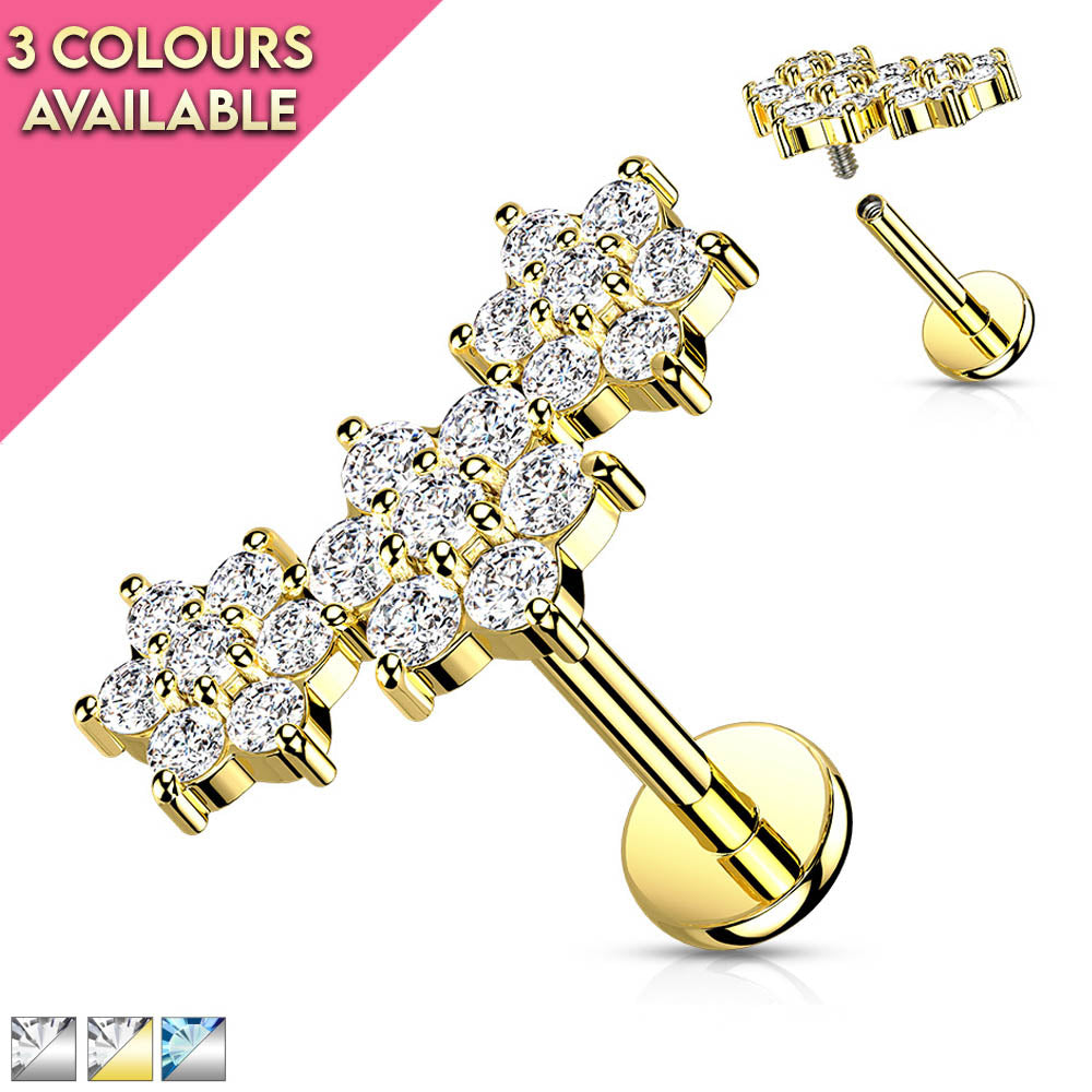 16 Gauge Internally Threaded Flat Back Crystal Flower Trio Stud