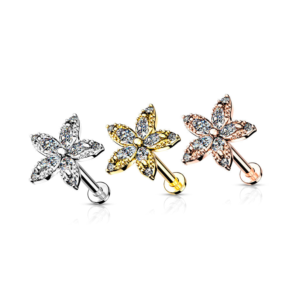 16 Gauge Internally Threaded Flat Back Crystal Marquise Flower Stud