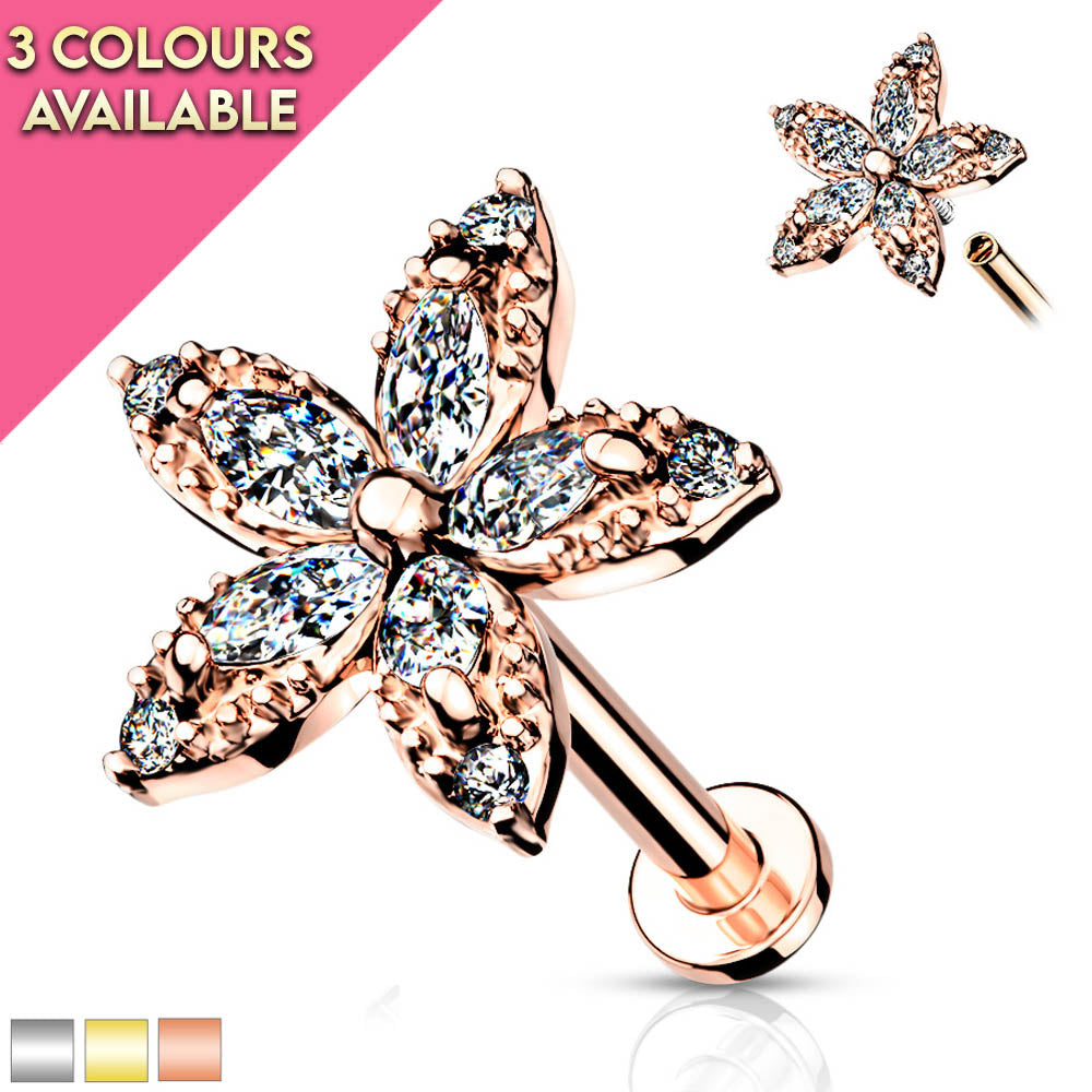 16 Gauge Internally Threaded Flat Back Crystal Marquise Flower Stud