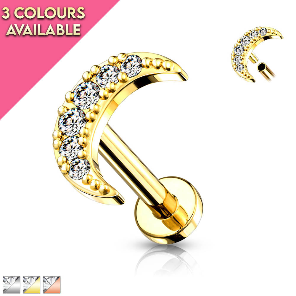 16 Gauge Internally Threaded Flat Back Crystal Moon Stud