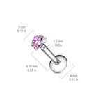 Cherry Diva Flat Back Stud 16 Gauge Prong Set Crystal Heart Cartilage / Labret Stud