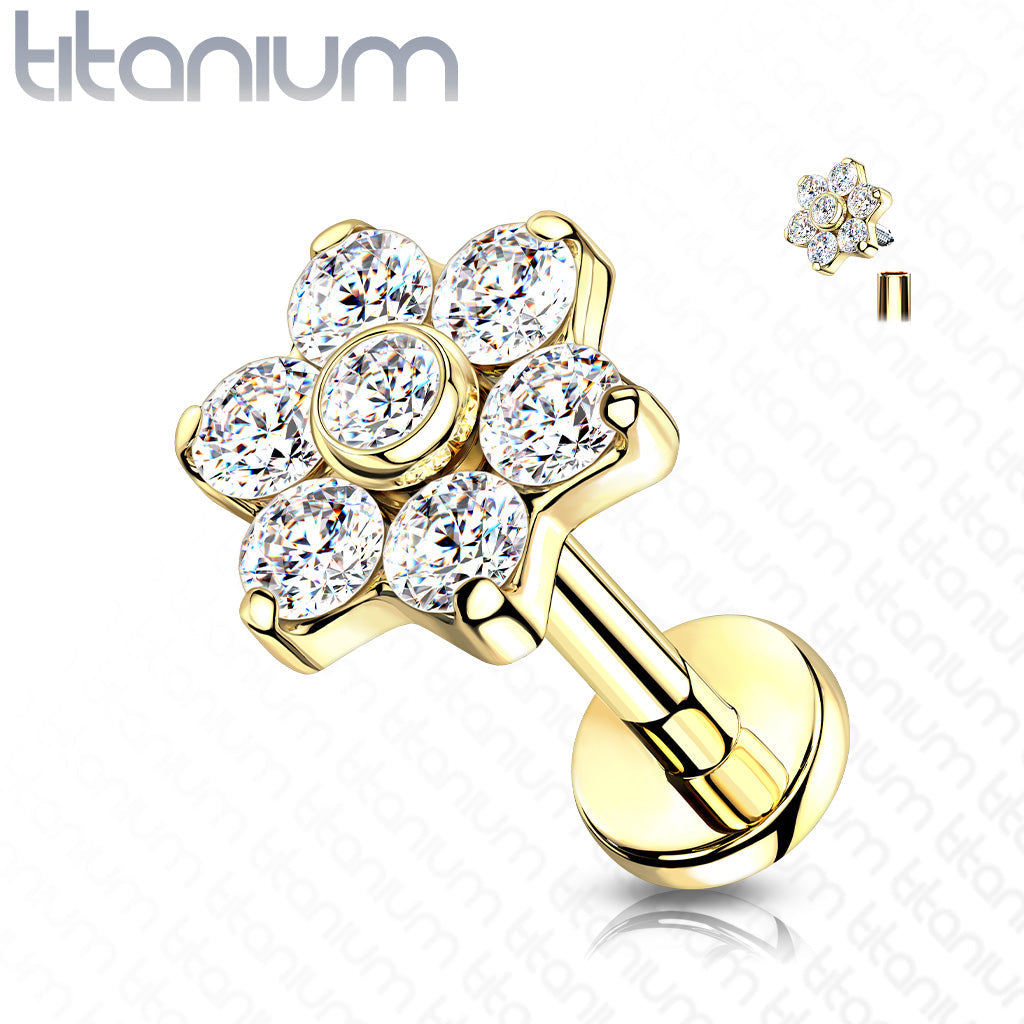 16 Gauge Titanium Internally Threaded Five Petal Crystal Flower Stud - Gold