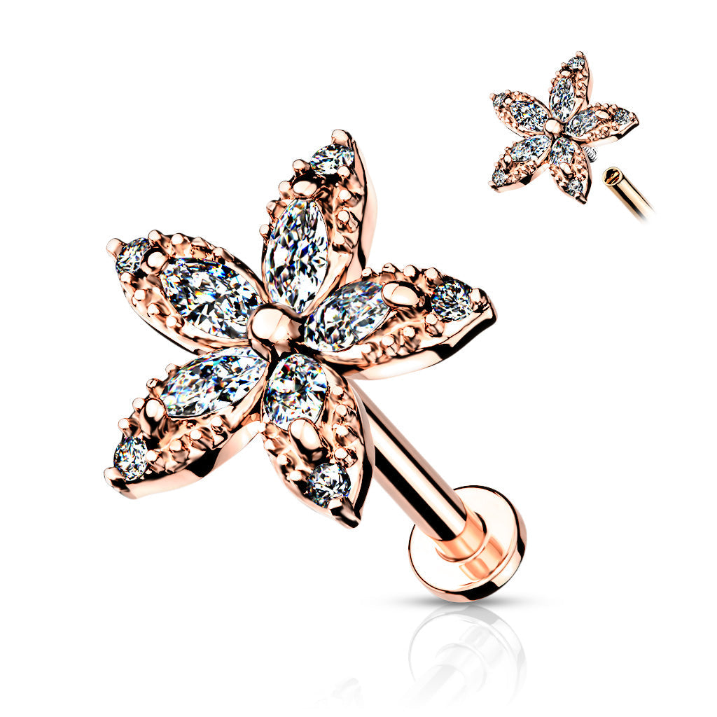 Cherry Diva Flat Back Stud Rose Gold 16 Gauge Internally Threaded Flat Back Crystal Marquise Flower Stud