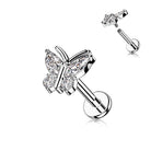 Cherry Diva Flat Back Stud SILVER 16 Gauge Internally Threaded Crystal Butterfly Stud