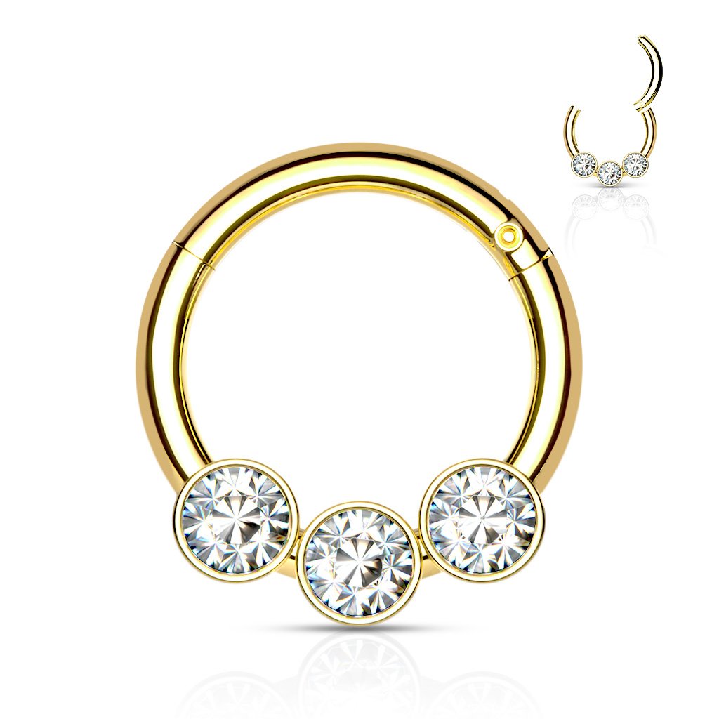 Cherry Diva Hinged Ring GOLD 16 Gauge Triple Crystal Hinged Hoop Ring