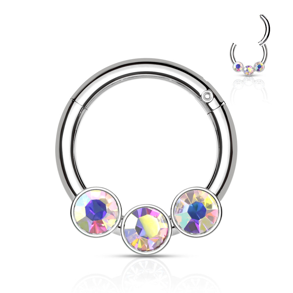 Cherry Diva Hinged Ring SILVER 16 Gauge Triple Crystal Hinged Hoop Ring
