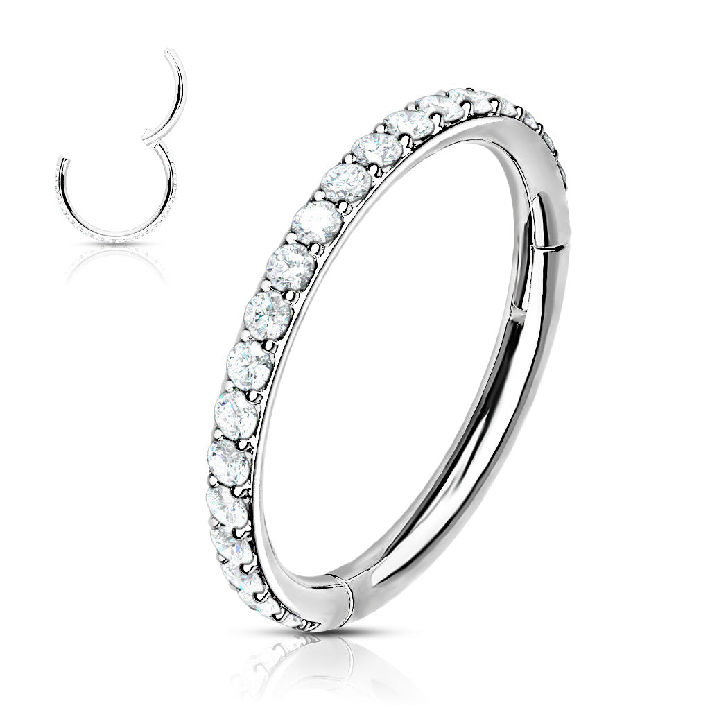 16 Gauge Crystal Lined Hinged Hoop Ring - Silver