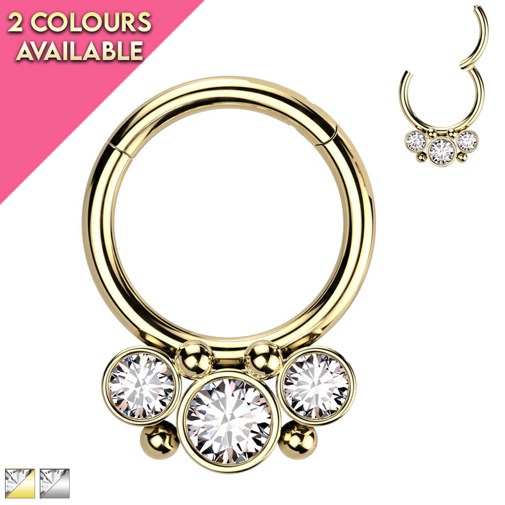 Cherry Diva Hinged Hoop Ring 16 Gauge Triple Crystal Hinged Hoop Ring