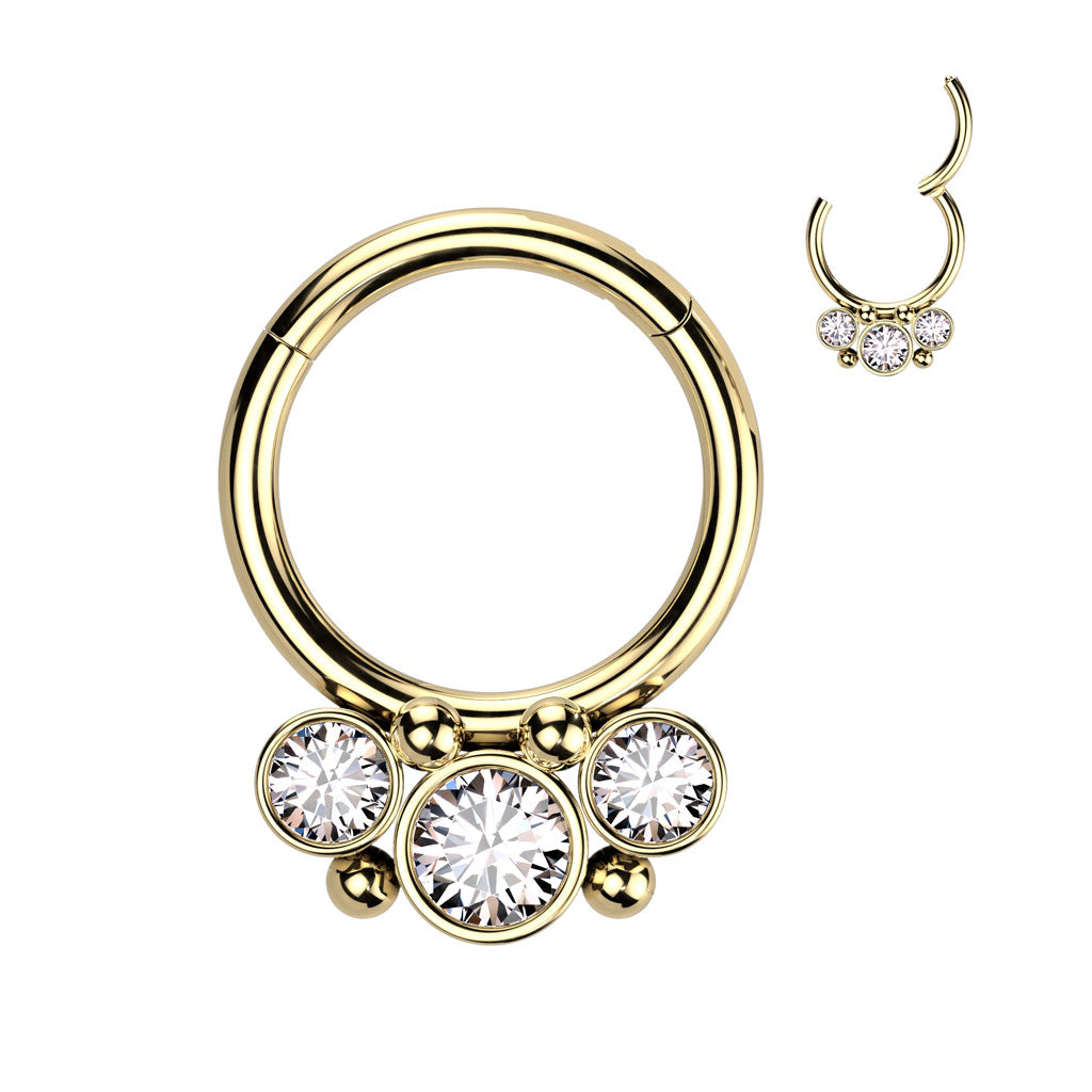 Cherry Diva Hinged Hoop Ring GOLD 16 Gauge Triple Crystal Hinged Hoop Ring