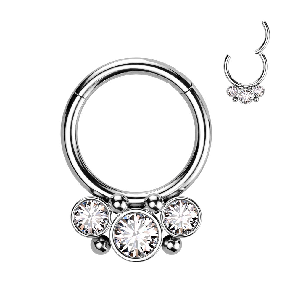 Cherry Diva Hinged Hoop Ring SILVER 16 Gauge Triple Crystal Hinged Hoop Ring