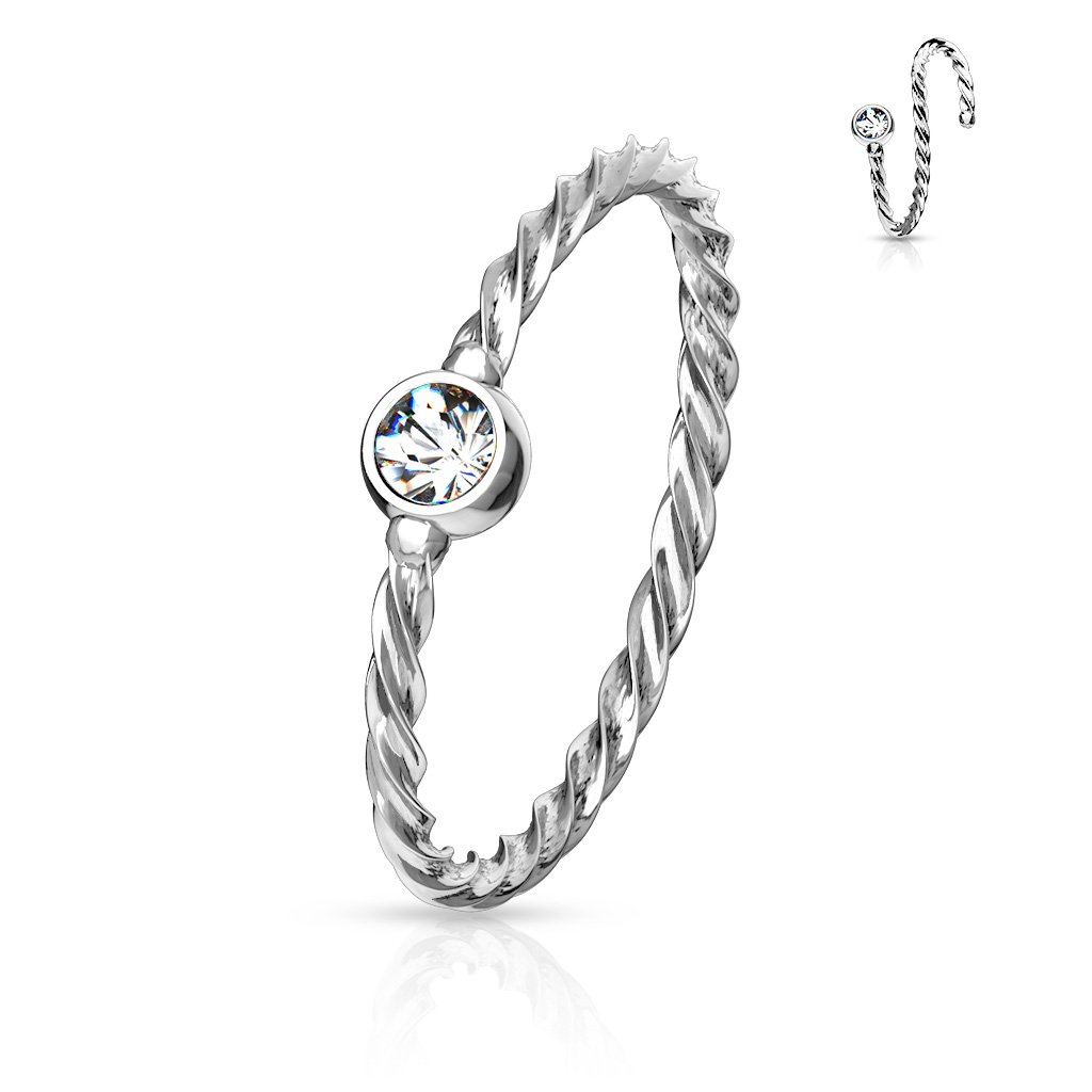 Cherry Diva Bendable Hoop Ring Silver / Clear Crystal 20 Gauge Crystal Twisted Rope Bendable Hoop Ring