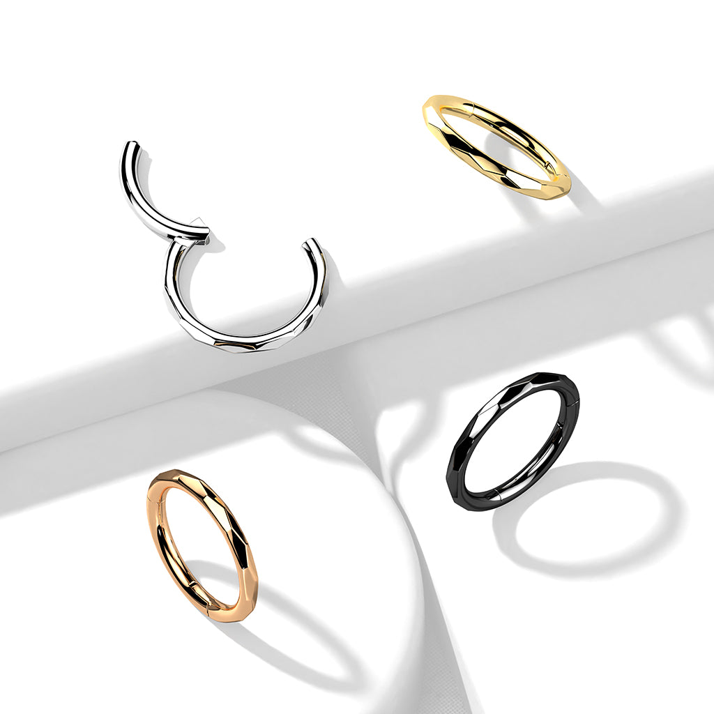 Titanium 16 Gauge Faceted Side Hinged Hoop Ring - Silver