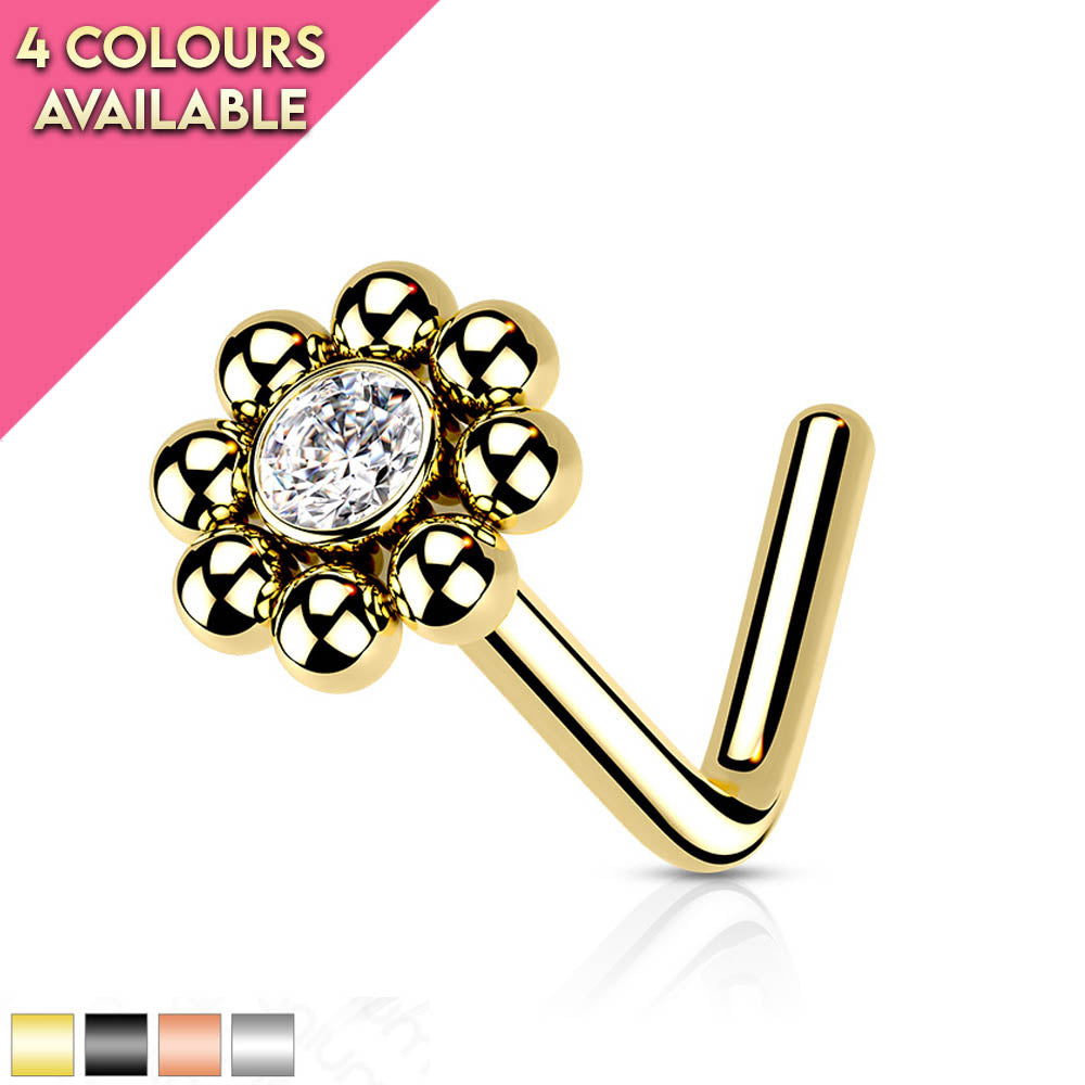 20 Gauge Ball Edge Crystal L Bend Nose Stud