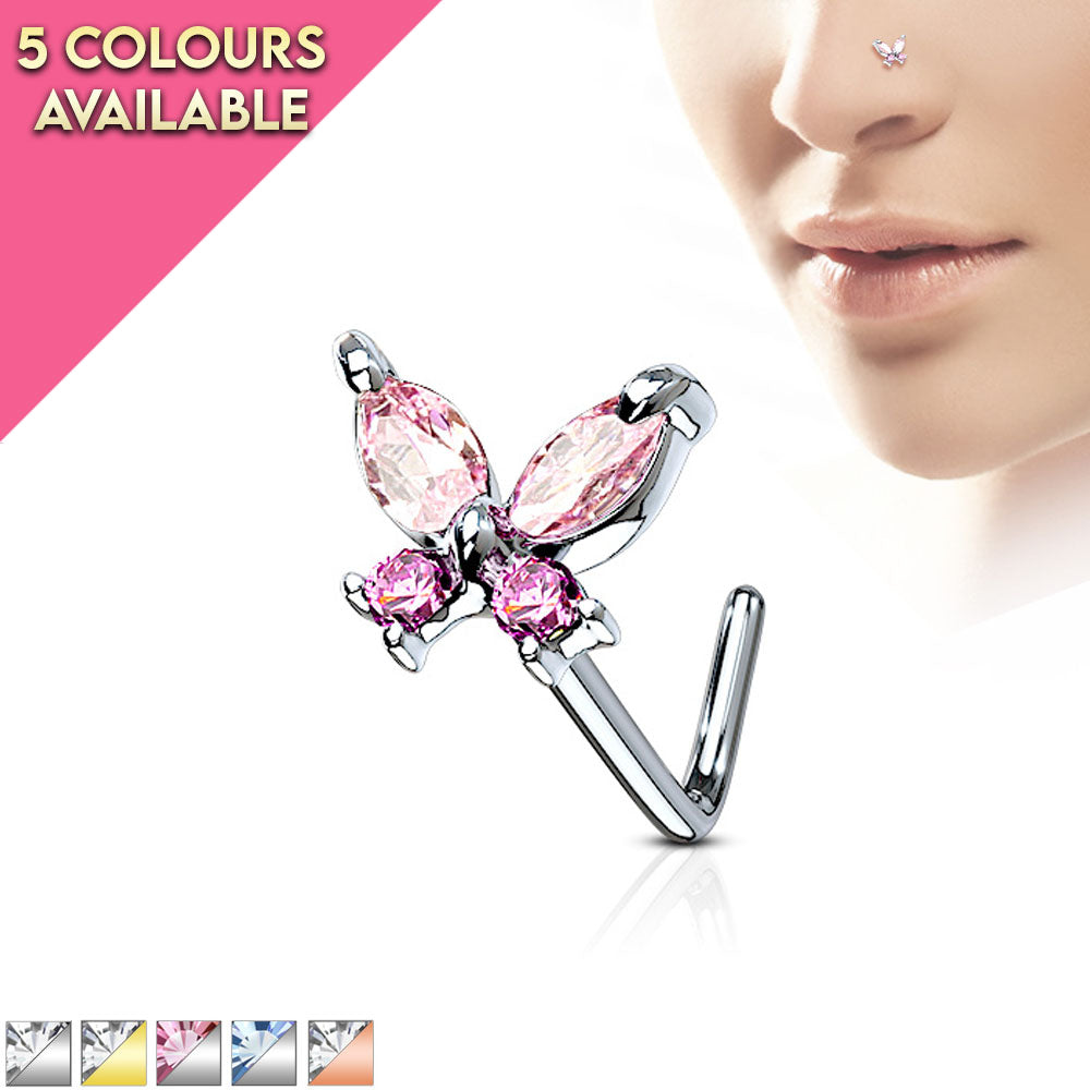 20 Gauge Crystal Butterfly L Bend Nose Stud