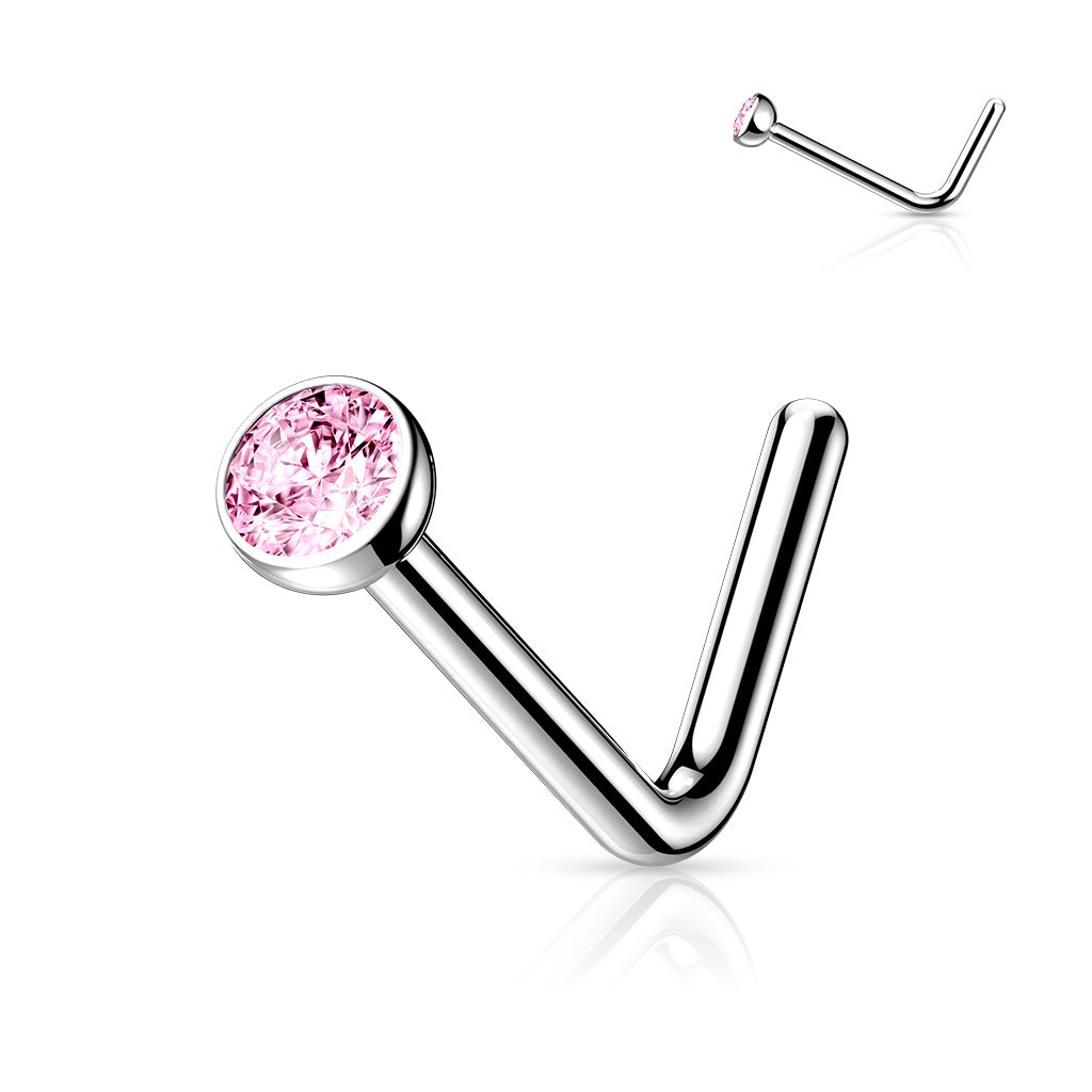 Cherry Diva L Bend Nose Stud PINK 20 Gauge Titanium Prong Set Crystal L-Bend Nose Stud