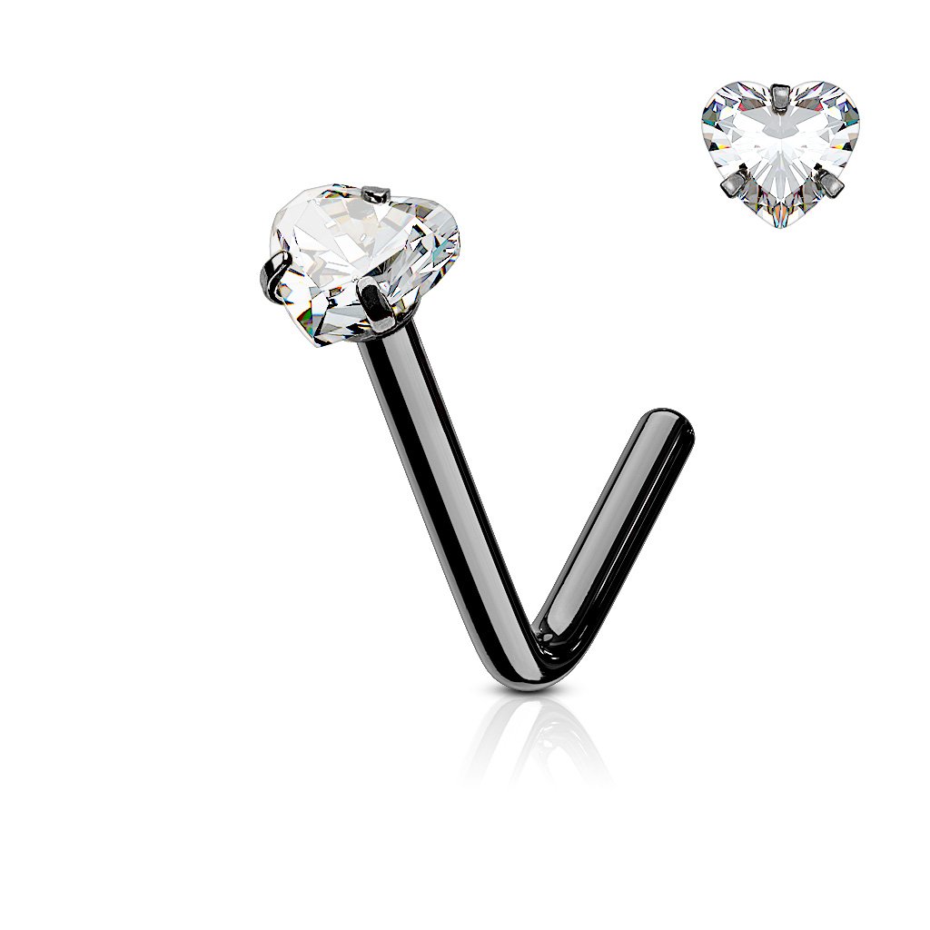 Cherry Diva L Bend Nose Stud BLACK 20 Gauge Prong Set Crystal Heart L Bend Nose Stud