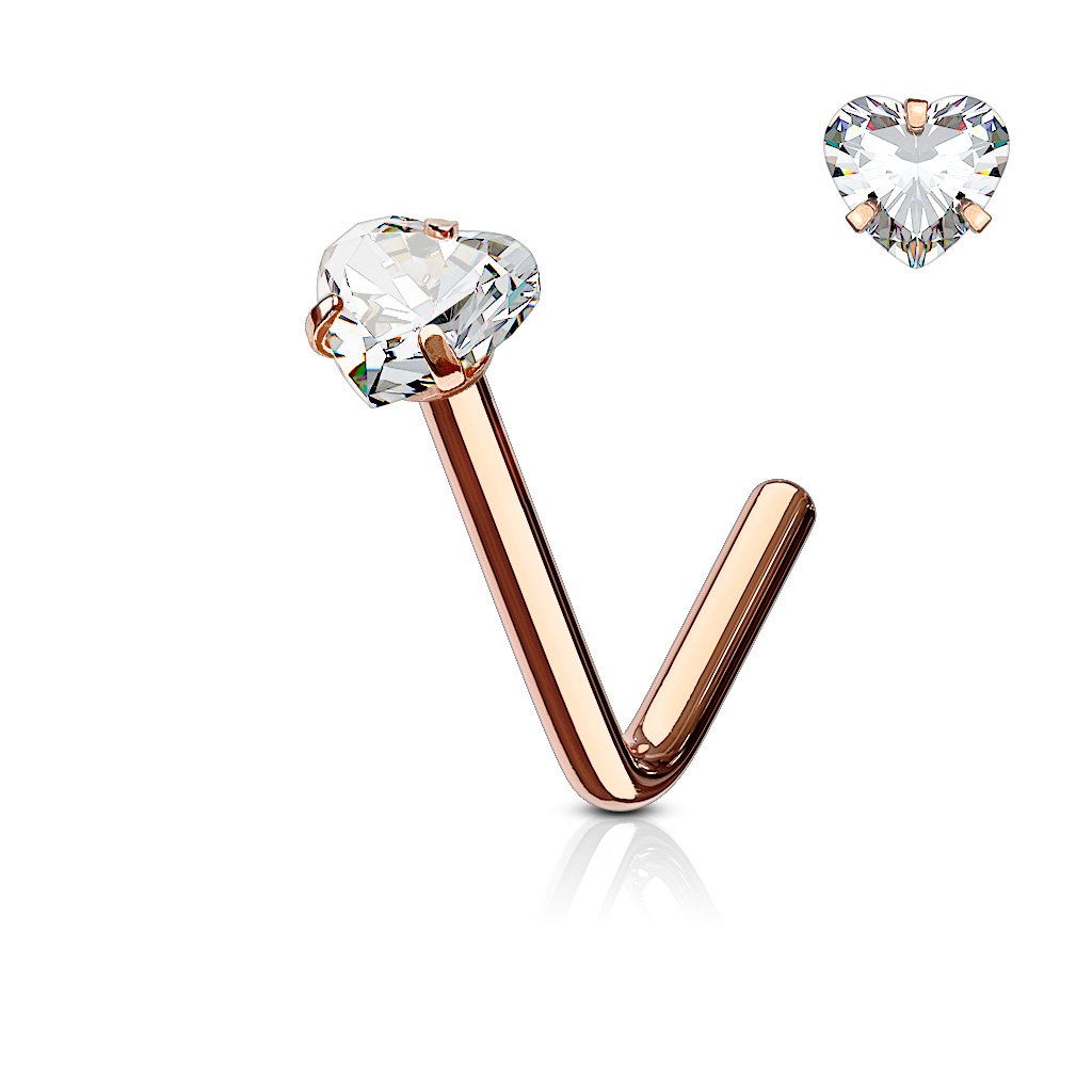 Cherry Diva L Bend Nose Stud ROSE GOLD 20 Gauge Prong Set Crystal Heart L Bend Nose Stud