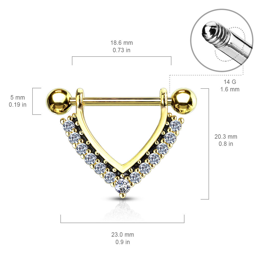 14 Gauge Dangling Crystal Barbell Nipple Ring - Gold